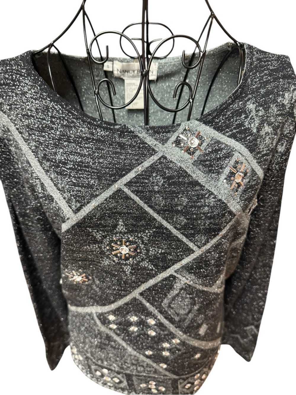 Nancy Bolen City Girl Embellished Metallic Knit Silk Blend Top in Charcoal small - Picture 3 of 8